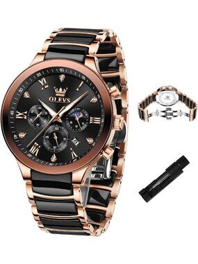 Luxury Men's Ceramic Chronograph Watch - Waterproof, Luminous, Moon Phase